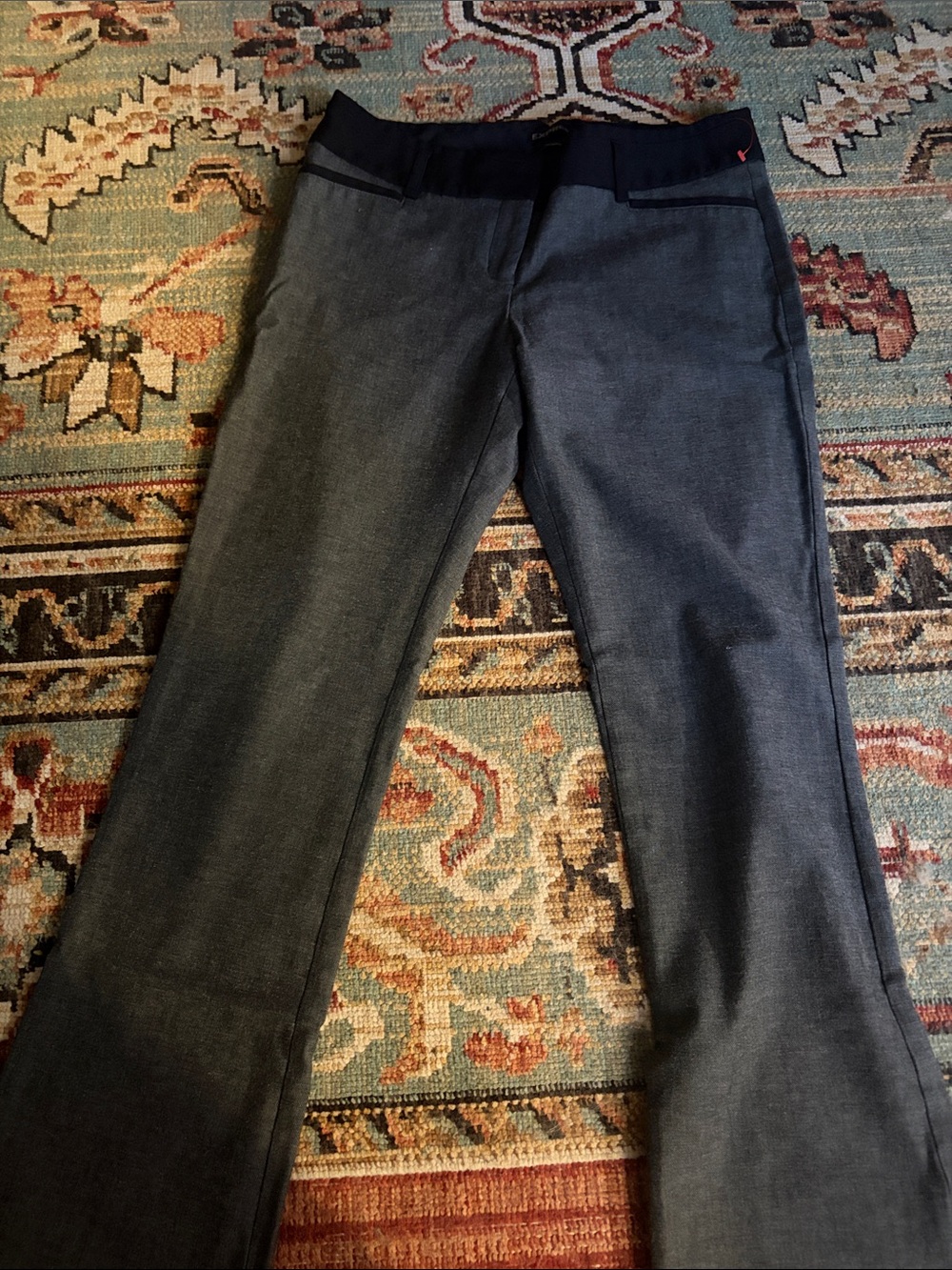 Express Women's Dark Gray Flare Jeans with Navy Waistband